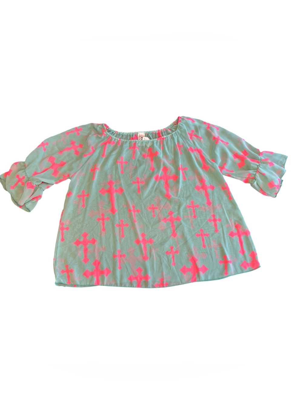 R Rouge USA Sheer Cross Print Boho Blouse Small NWT Aqua Pink